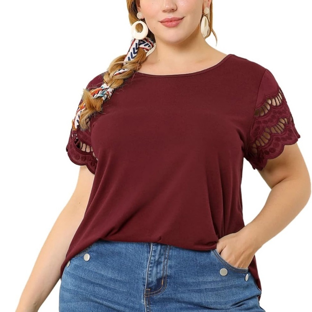 Women's Maroon embroidered Flutter Sleeve Blouse Plus size 2X - Picture 4 of 10